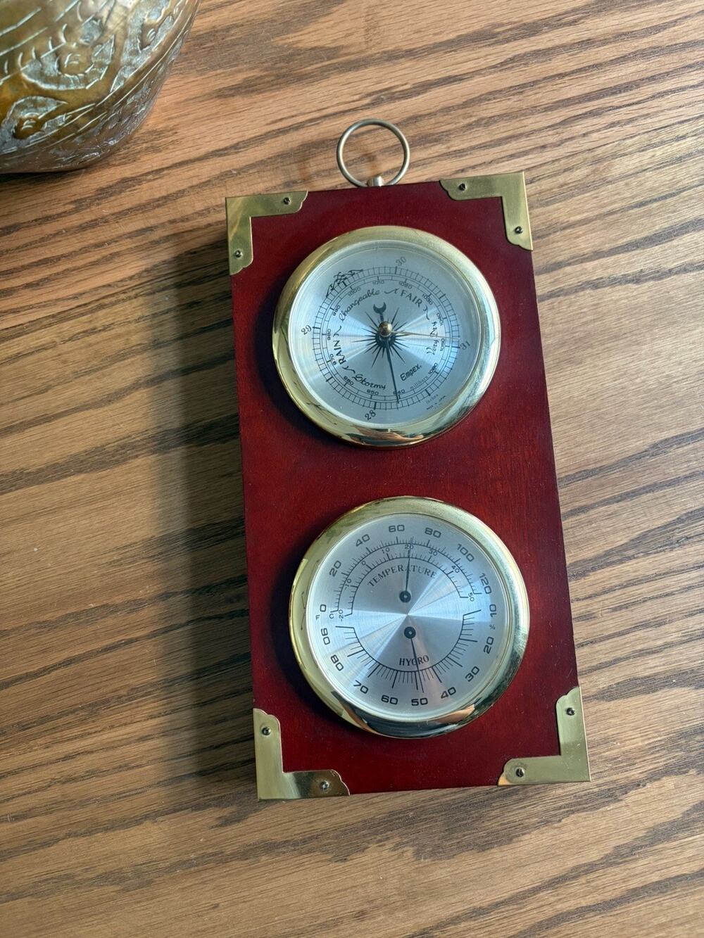 Vintage Midcentury Wood Instruments Weather Station Barometer Brass Corners